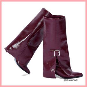 Knee High Boots Faux Leather Pointed Toe Kitten Heel Wide Calf Fold Over